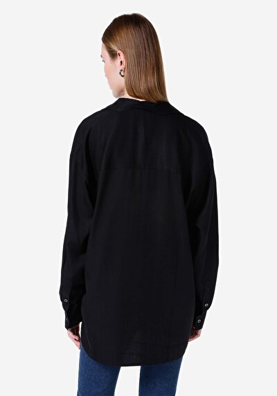 Image de Chemise À Manches Longues Noir Relaxed Fit Droit Sergé Femme
