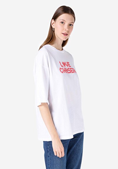 Image de T-shirt À Manches Courtes Blanc Comfort Fit Imprimé Femme
