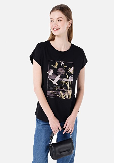 Image de T-shirt À Manches Courtes Noir Regular Fit Imprimé Femme