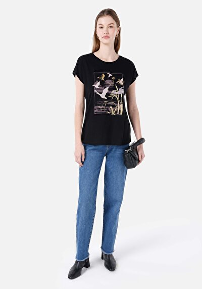 Image de T-shirt À Manches Courtes Noir Regular Fit Imprimé Femme