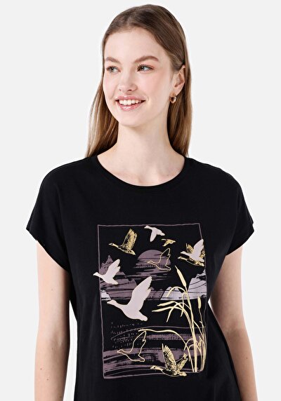 Image de T-shirt À Manches Courtes Noir Regular Fit Imprimé Femme