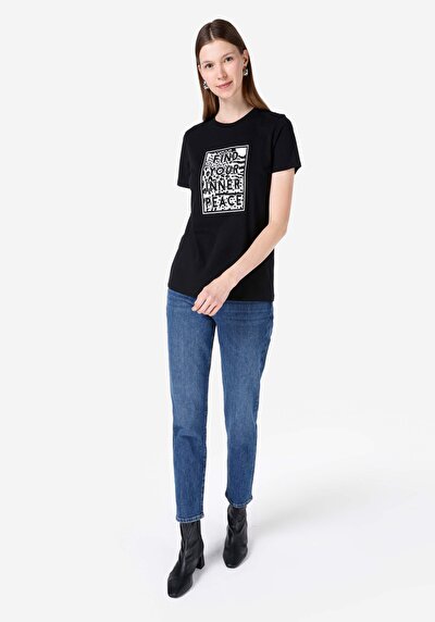 Image de T-shirt À Manches Courtes Noir Regular Fit Imprimé Femme