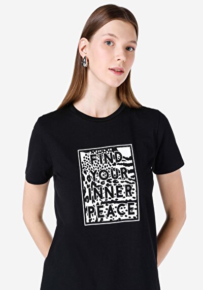 Image de T-shirt À Manches Courtes Noir Regular Fit Imprimé Femme