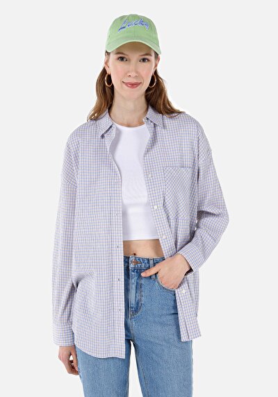 Image de Chemise À Manches Longues Bleu Relaxed Fit Plaid Uni Femme