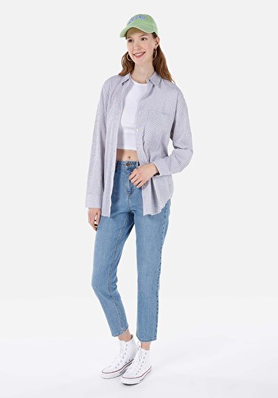 Image de Chemise À Manches Longues Bleu Relaxed Fit Plaid Uni Femme