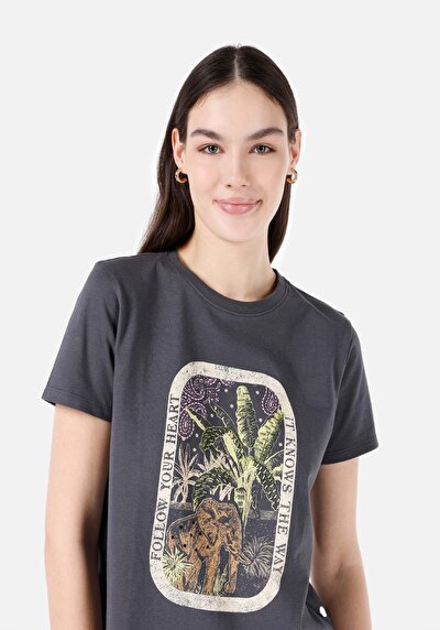 Image de T-shirt À Manches Courtes Anthracite Regular Fit Imprimé Femme