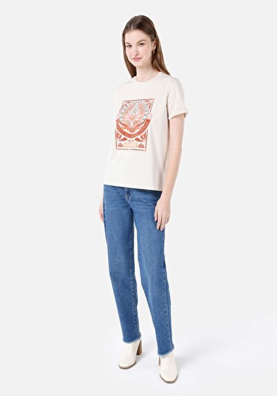 Image de T-shirt À Manches Courtes Ecru Regular Fit Imprimé Femme