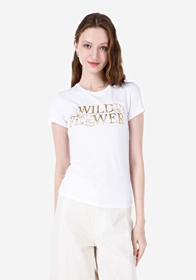 Image de T-shirt À Manches Courtes Blanc Slim Fit Imprimé Femme