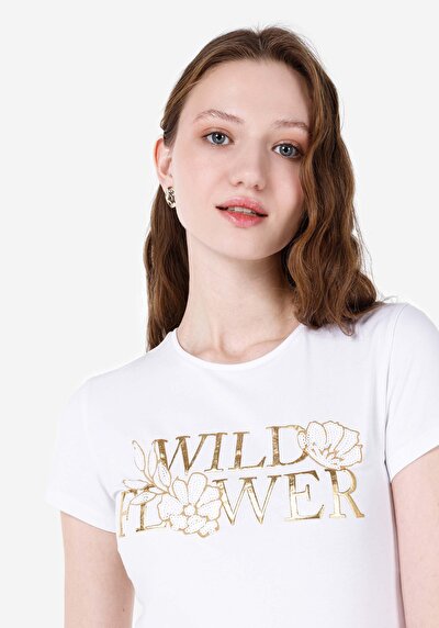 Image de T-shirt À Manches Courtes Blanc Slim Fit Imprimé Femme