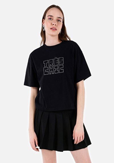 Image de T-shirt À Manches Courtes Noir Regular Fit Imprimé Femme
