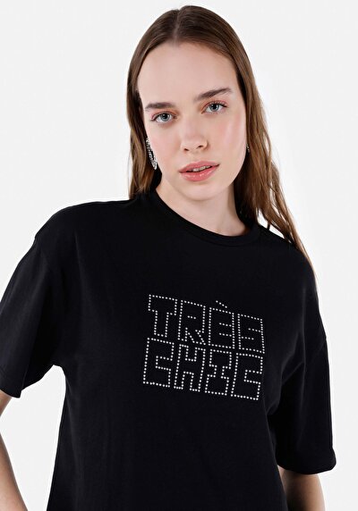 Image de T-shirt À Manches Courtes Noir Regular Fit Imprimé Femme