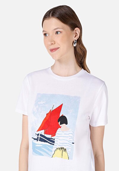 Afficher les détails de T-shirt À Manches Courtes Blanc Regular Fit Imprimé Femme