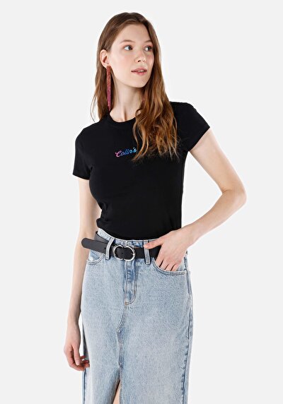 Image de T-shirt À Manches Courtes Noir Slim Fit Imprimé Femme