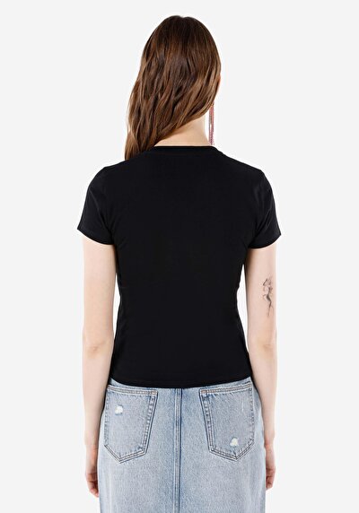 Image de T-shirt À Manches Courtes Noir Slim Fit Imprimé Femme