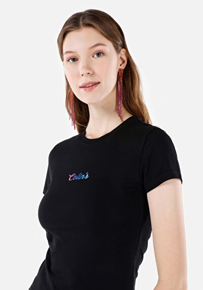 Image de T-shirt À Manches Courtes Noir Slim Fit Imprimé Femme