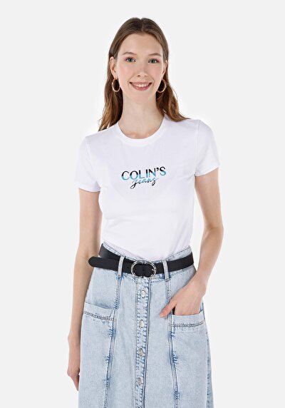 Image de T-shirt À Manches Courtes Blanc Slim Fit Imprimé Femme