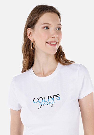 Image de T-shirt À Manches Courtes Blanc Slim Fit Imprimé Femme