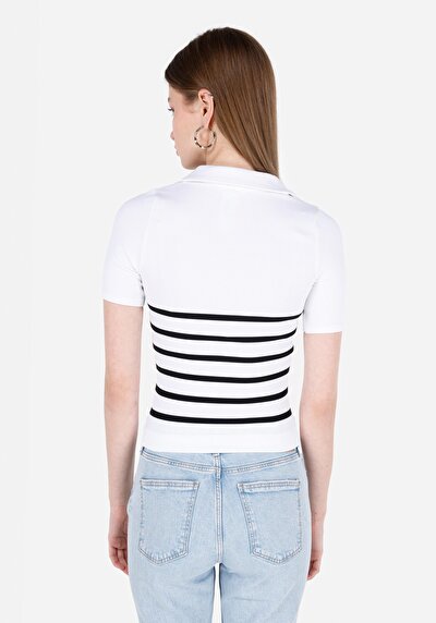 Image de T-shirt À Manches Courtes Blanc Slim Fit Rayé Femme