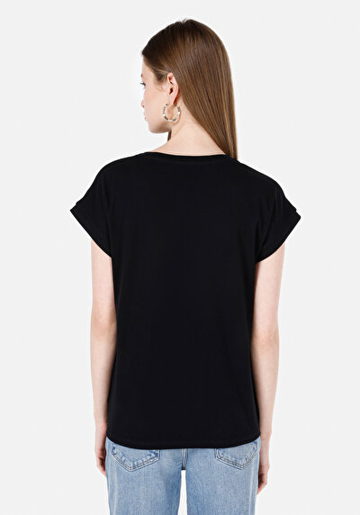 Image de T-shirt À Manches Courtes Noir Regular Fit Imprimé Femme
