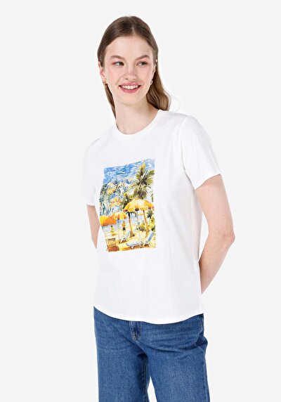 Image de T-shirt À Manches Courtes Blanc Regular Fit Imprimé Femme