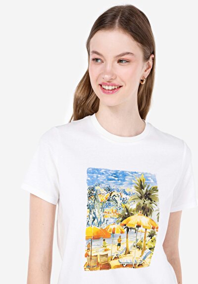 Image de T-shirt À Manches Courtes Blanc Regular Fit Imprimé Femme