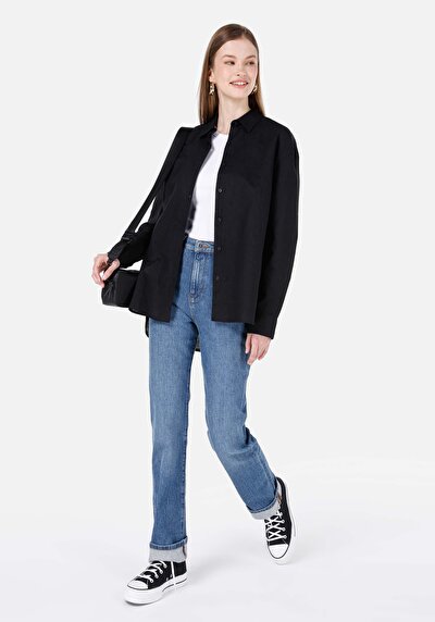 Afficher les détails de Chemise À Manches Longues Noir Relaxed Fit Droit Uni Femme