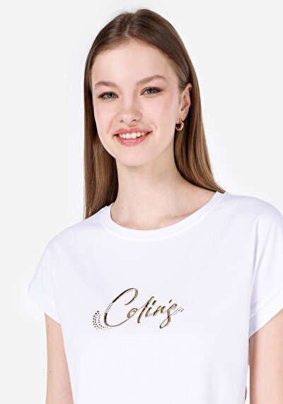 Image de T-shirt À Manches Courtes Blanc Regular Fit Imprimé Femme