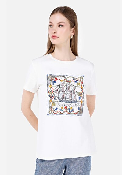 Image de T-shirt À Manches Courtes Blanc Regular Fit Imprimé Femme