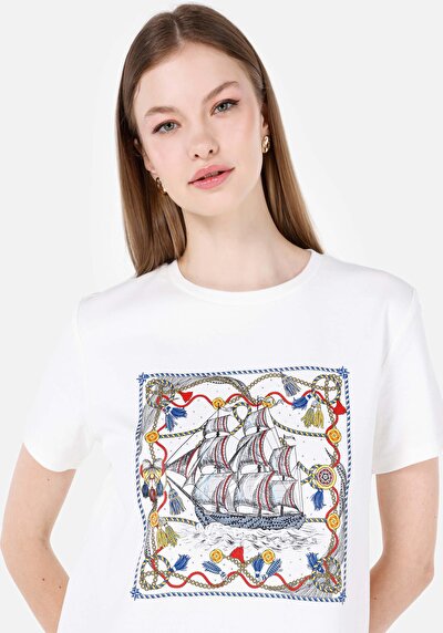Image de T-shirt À Manches Courtes Blanc Regular Fit Imprimé Femme