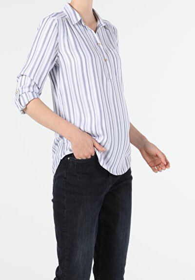Image de Chemisier À Manches Longues Bleu Regular Fit Femme