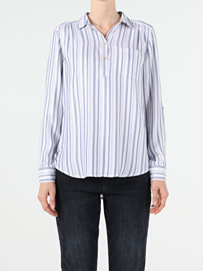Image de Chemisier À Manches Longues Bleu Regular Fit Femme
