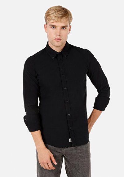 Afficher les détails de Chemise À Manches Longues Noir Slim Fit Droit Sergé Homme