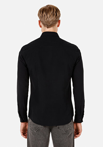Image de Chemise À Manches Longues Noir Slim Fit Droit Sergé Homme