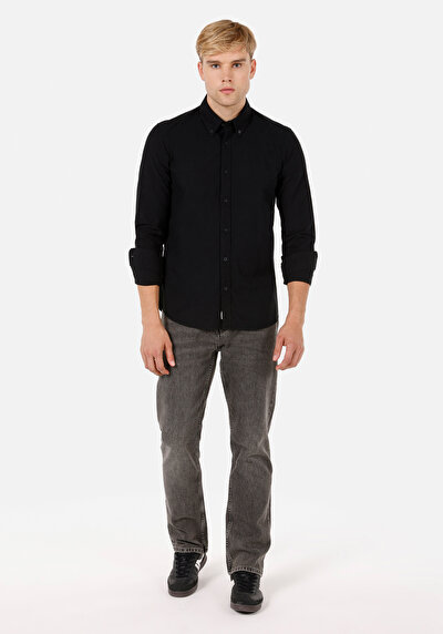 Afficher les détails de Chemise À Manches Longues Noir Slim Fit Droit Sergé Homme