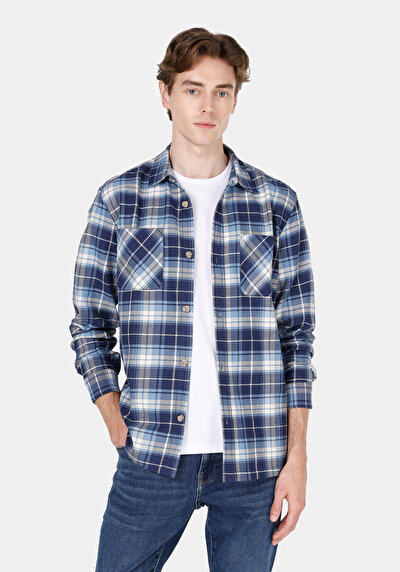 Image de Chemise À Manches Longues Bleu Regular Fit Plaid Flanelle Homme