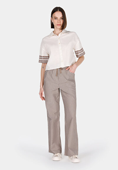 Afficher les détails de Pantalon Marron Wide Leg High Rise En Ratière Straight Fit Femme