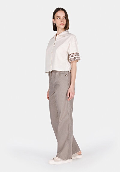 Afficher les détails de Pantalon Marron Wide Leg High Rise En Ratière Straight Fit Femme