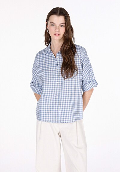 Image de Chemise À Manches Longues Bleu Regular Fit Carré Femme