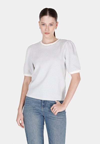 Image de T-shirt À Manches Courtes Blanc Regular Fit Rayé Femme
