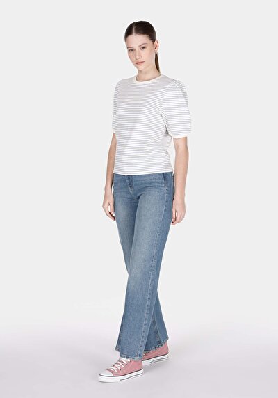 Image de T-shirt À Manches Courtes Blanc Regular Fit Rayé Femme