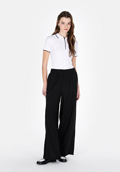 Afficher les détails de Pantalon Noir Wide Leg High Rise En Uni Regular Fit Femme
