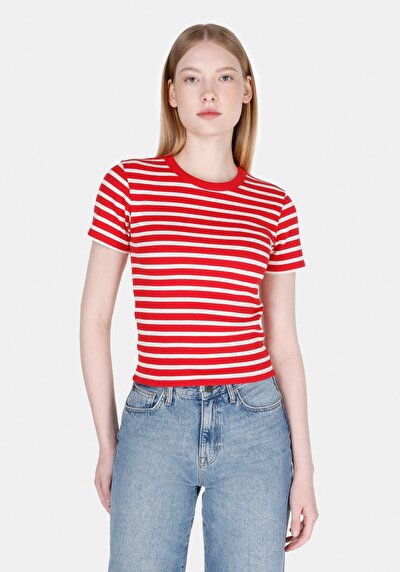 Afficher les détails de T-shirt À Manches Courtes Rouge Slim Fit Rayé Femme