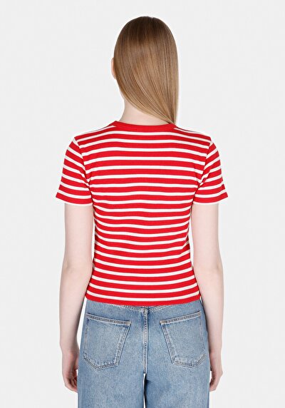 Afficher les détails de T-shirt À Manches Courtes Rouge Slim Fit Rayé Femme