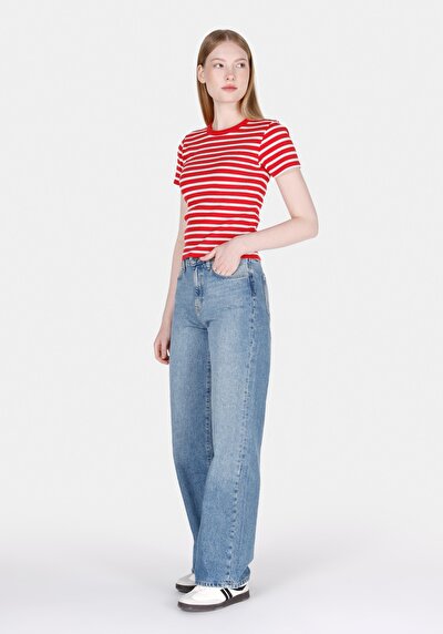 Afficher les détails de T-shirt À Manches Courtes Rouge Slim Fit Rayé Femme