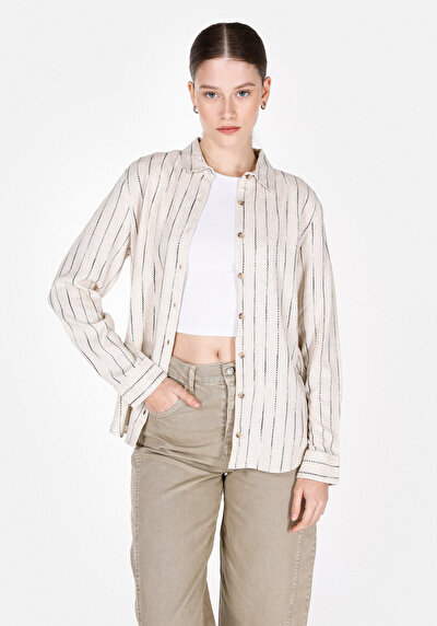 Image de Chemise À Manches Longues Beige Regular Fit Rayé Uni Femme