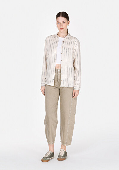 Image de Chemise À Manches Longues Beige Regular Fit Rayé Uni Femme