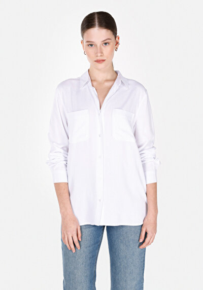 Image de Chemise À Manches Longues Blanc Regular Fit Droit Sergé Femme