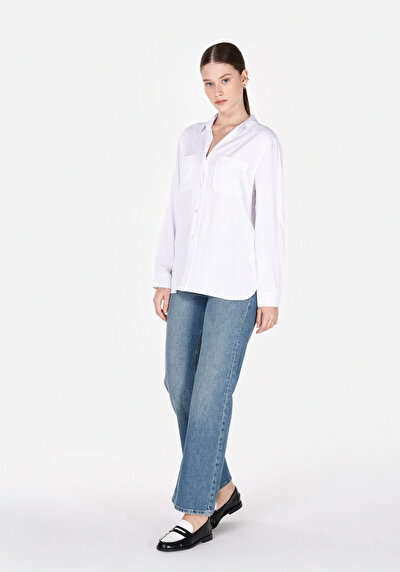 Image de Chemise À Manches Longues Blanc Regular Fit Droit Sergé Femme