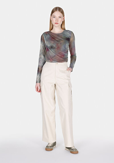 Image de Pantalon Beige Wide Leg High Rise En Gabardine Regular Fit Femme