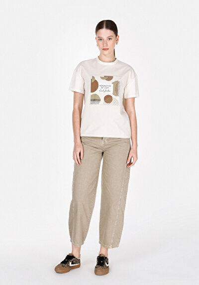 Image de T-shirt À Manches Courtes Ecru Regular Fit Imprimé Femme